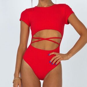 Princess Polly red ribbed short-sleeved body suit with cut out